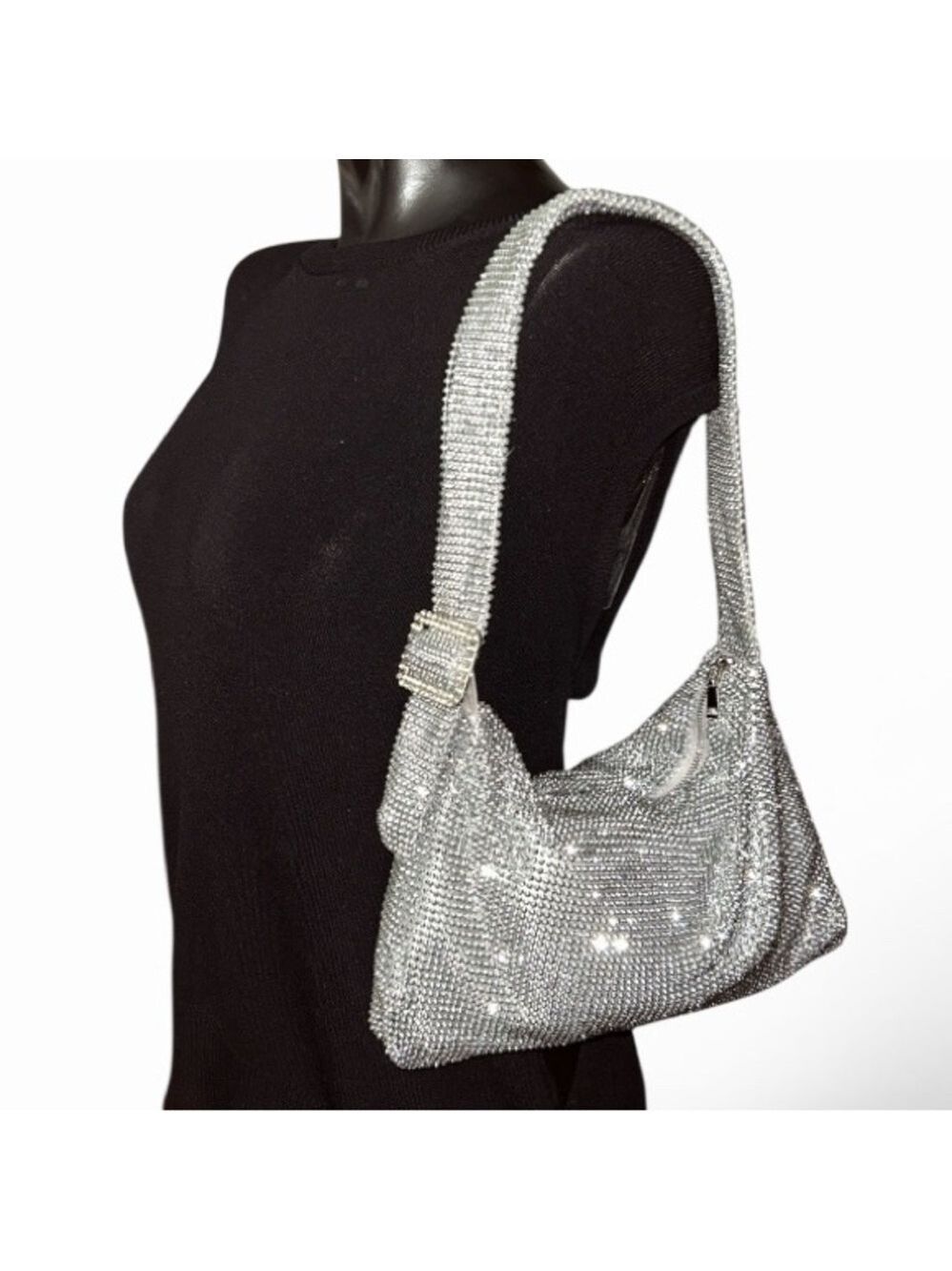 INC International Concept Glittery Mesh Silver Diamanté Evening Shoulder Bag
